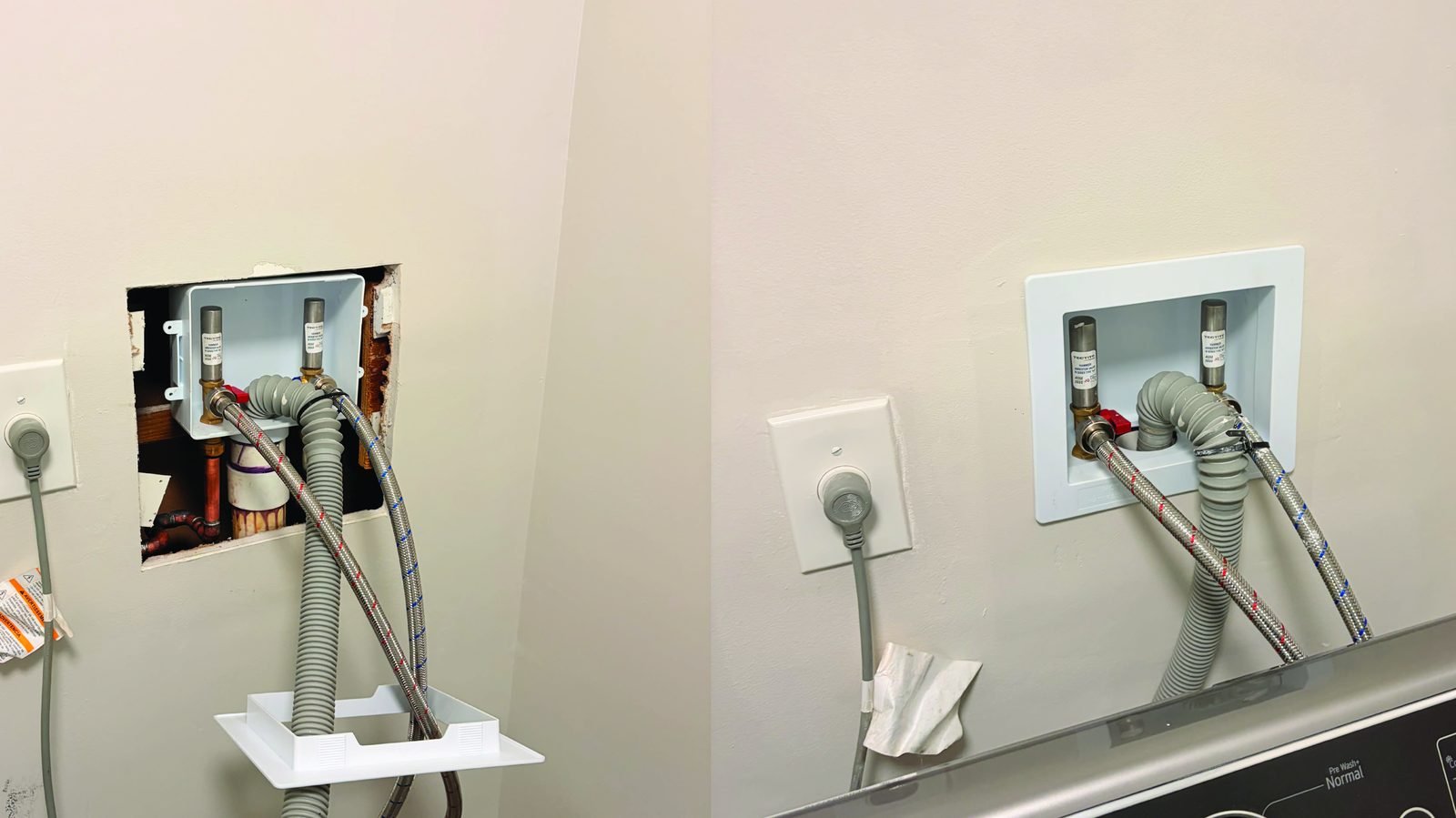 Washer and dryer hookup installation, before and after